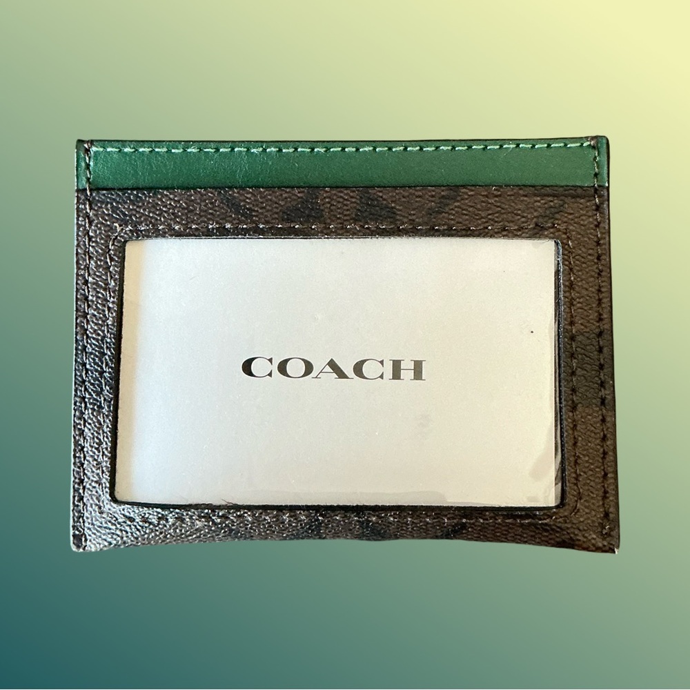 Coach Signature Card Case in Dark Brown and Green - Picture 4 of 6